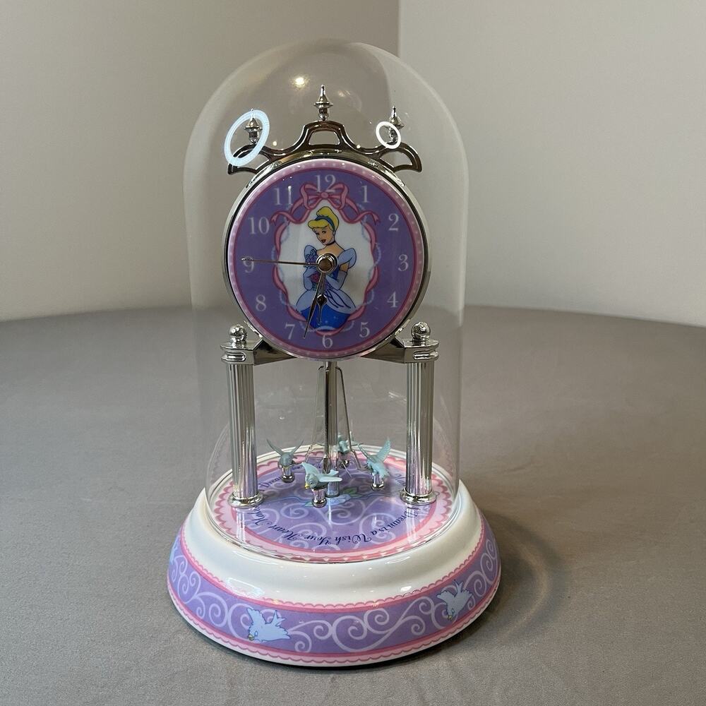 Disney Cinderella Princess Anniversary Free Spinning Pendulum Dome Clock WORKING